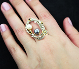 Серебряное кольцо с жемчугом, родолитами и изумрудами Серебро 925