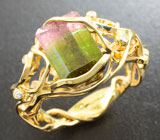 Золотое кольцо с арбузным турмалином 4 карат и бриллиантами Золото