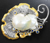 Серебряная брошь/кулон с жемчужиной барокко и синими сапфирами Серебро 925