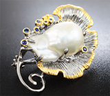 Серебряная брошь/кулон с жемчужиной барокко и синими сапфирами Серебро 925