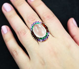 Серебряное кольцо с розовым кварцем, мозамбикскими гранатами, зелеными агатами и аметистами Серебро 925
