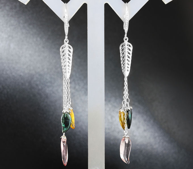 Серебряные серьги из коллекции «Drops» с разноцветными турмалинами
