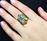 Серебряное кольцо с синим сапфиром, турмалином и перидотом Серебро 925