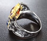 Серебряное кольцо cо спессартином и родолитом, синим и пурпурным сапфирами