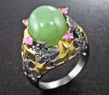 Серебряное кольцо с зеленым агатом и розовыми сапфирами Серебро 925