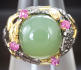 Серебряное кольцо с зеленым агатом и розовыми сапфирами Серебро 925