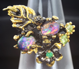 Серебряное кольцо с кристаллическими черными опалами, перидотами и изумрудом Серебро 925