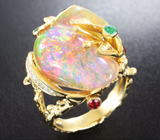 Золотое кольцо с роскошным эфиопским опалом 14,09 карат, рубинами, изумрудами и бриллиантами Золото