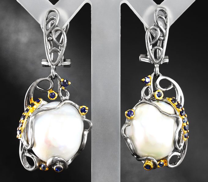 Серебряные серьги с жемчугом барокко и синими сапфирами