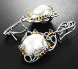 Серебряные серьги с жемчугом барокко и синими сапфирами Серебро 925