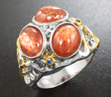 Серебряное кольцо с солнечным камнем и синими сапфирами Серебро 925