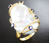 Золотое кольцо с морской жемчужиной барокко и синими сапфирами! Исключительный люстр Золото