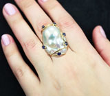 Золотое кольцо с морской жемчужиной барокко и синими сапфирами! Исключительный люстр Золото