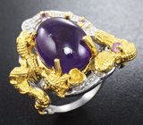 Серебряное кольцо с кабошоном и ограненными аметистами Серебро 925