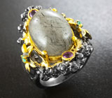 Серебряное кольцо с рутиловым кварцем, аметистами и изумрудами Серебро 925