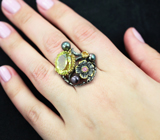 Серебряное кольцо с лимонным цитрином, цветным жемчугом и розовым сапфиром Серебро 925
