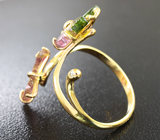 Золотое кольцо с резными арбузными турмалинами 3,77 карат и бриллиантом Золото