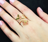 Золотое кольцо с резными арбузными турмалинами 3,77 карат и бриллиантом Золото