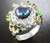 Серебряное кольцо c цветной жемчужиной и изумрудами Серебро 925