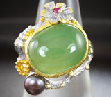 Серебряное кольцо с пренитом, цветной жемчужиной и сапфиром