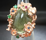 Серебряное кольцо с рутиловым пренитом, изумрудами и сапфирами Серебро 925