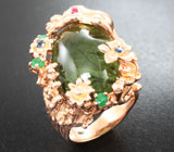 Серебряное кольцо с рутиловым пренитом, изумрудами и сапфирами Серебро 925