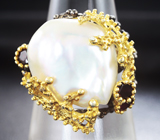 Серебряное кольцо с крупной жемчужиной барокко и родолитами Серебро 925