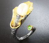 Серебряное кольцо с жемчужиной и диопсидом Серебро 925