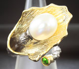 Серебряное кольцо с жемчужиной и диопсидом Серебро 925