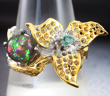 Серебряное кольцо с топовым черным опалом и изумрудом Серебро 925