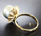 Золотое кольцо с крупной цветной морской жемчужиной и бриллиантами! Стальной люстр Золото