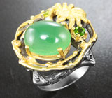 Серебряное кольцо с зеленым агатом, диопсидом и перидотами Серебро 925