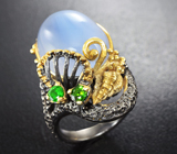 Серебряное кольцо с голубым халцедоном и диопсидами Серебро 925