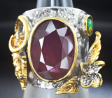 Серебряное кольцо с рубином и кристаллическим черным опалом Серебро 925