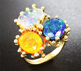 Золотое кольцо с тремя видами ограненных эфиопских опалов 5,71 карат и бриллиантами Золото