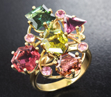 Золотое кольцо с разноцветными турмалинами 6,52 карат! Фантазийная огранка Золото