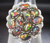 Великолепное серебряное кольцо с кристаллическими черными опалами Серебро 925