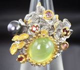 Серебряное кольцо с пренитом, цветной жемчужиной и гранатами