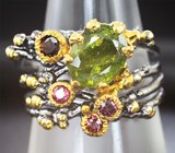 Серебряное кольцо с зеленым сапфиром и родолитами Серебро 925