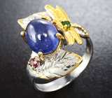Серебряное кольцо с синим сапфиром, диопсидом и родолитом Серебро 925