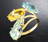 Золотое кольцо с аквамарином, зеленым бериллом и гелиодором Золото