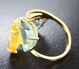 Золотое кольцо с аквамарином, зеленым бериллом и гелиодором Золото