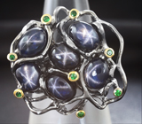 Серебряное кольцо cо звездчатыми сапфирами и цаворитами Серебро 925