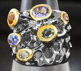 Серебряное кольцо с танзанитами и разноцветными сапфирами Серебро 925
