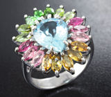Праздничное серебряное кольцо с голубым топазом и разноцветными турмалинами Серебро 925