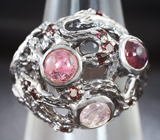 Серебряное кольцо с родолитами и розовыми турмалинами Серебро 925