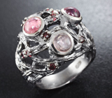 Серебряное кольцо с родолитами и розовыми турмалинами Серебро 925