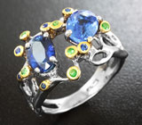 Серебряное кольцо с кианитами, синими сапфирами и цаворитами Серебро 925