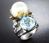 Серебряное кольцо с жемчужиной, голубым топазом и синими сапфирами Серебро 925
