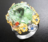 Серебряное кольцо с зеленым аметистом и разноцветными сапфирами Серебро 925